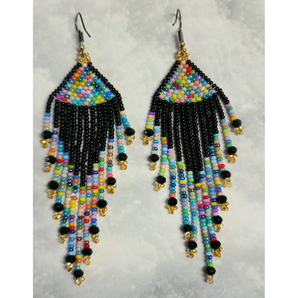 Womens Handmade Black Color Beaded Earrings